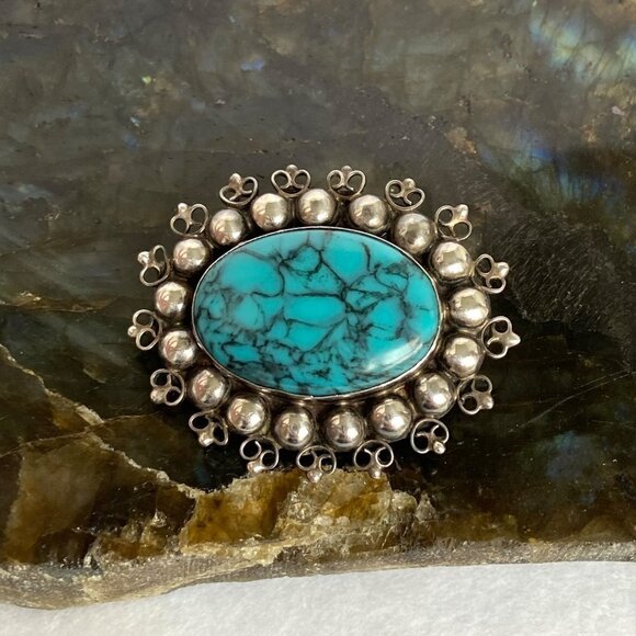 Vintage Sterling Silver 925 Southwest Style Filigree Oval Faux Turquoise Brooch - Picture 3 of 16
